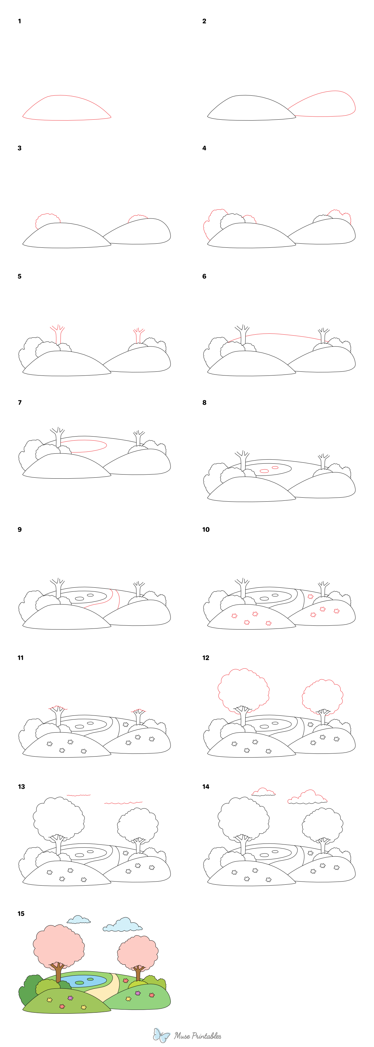 How to Draw a Spring Landscape - Printable Tutorial