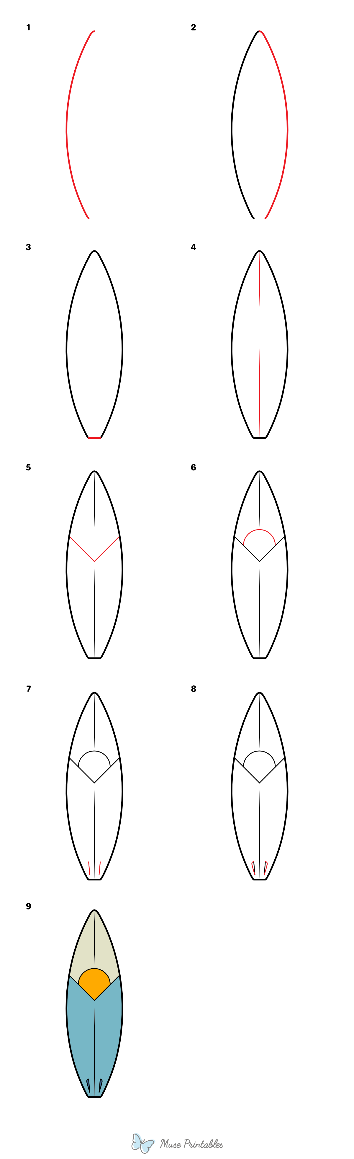 How to Draw a Surfboard - Printable Tutorial