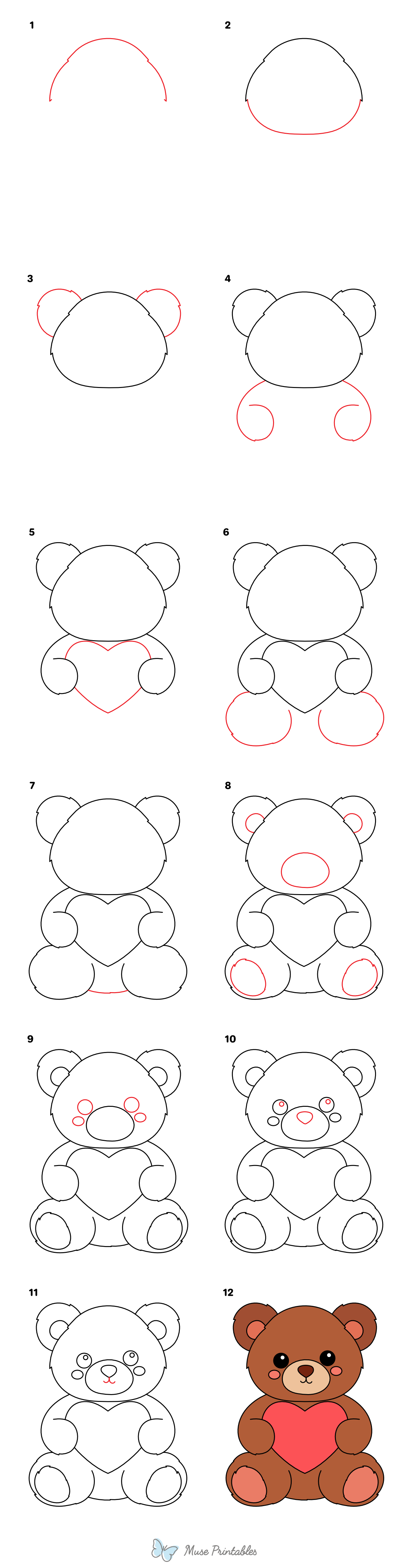 How to Draw a Valentine's Day Teddy Bear - Printable Tutorial