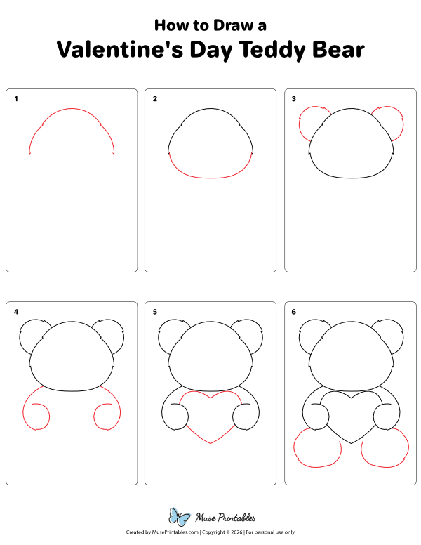 How to Draw a Valentine's Day Teddy Bear - Printable Tutorial