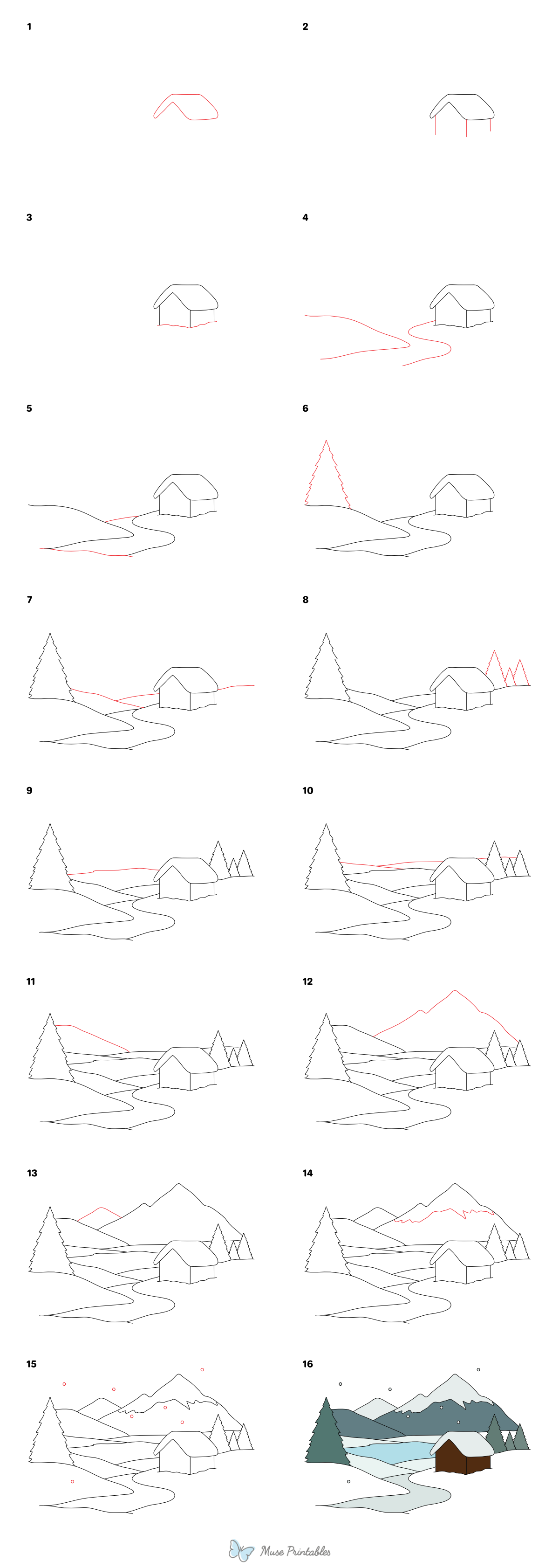 How to Draw a Winter Landscape - Printable Tutorial
