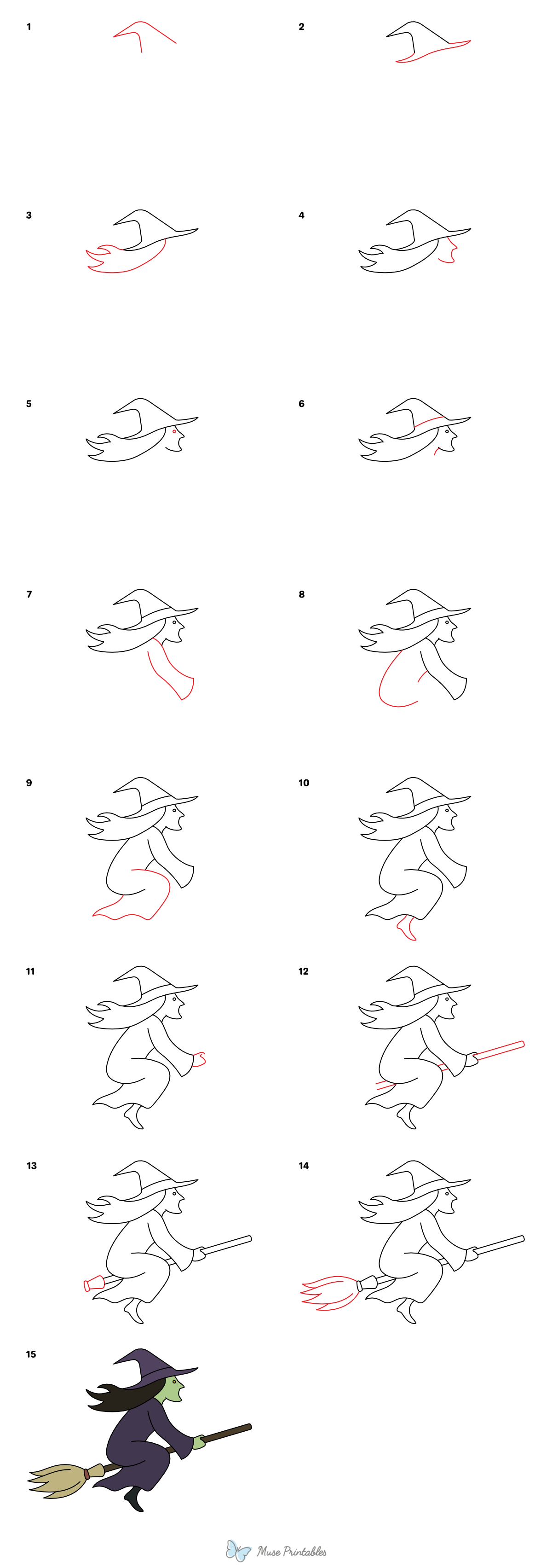 How to Draw a Witch on a Broom - Printable Tutorial