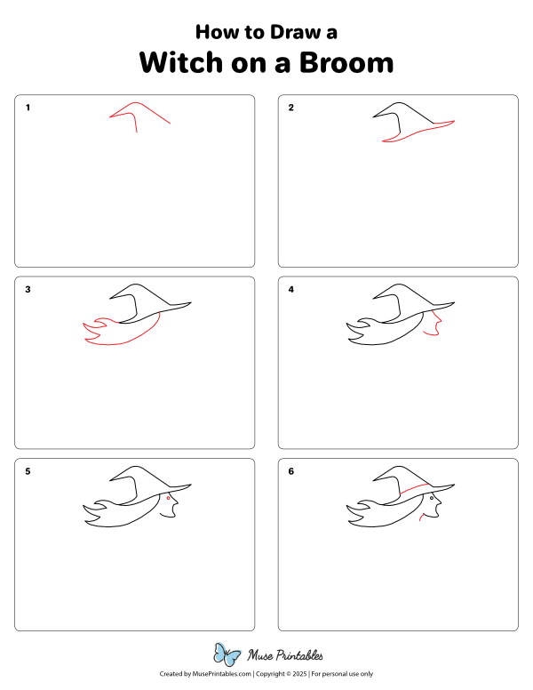 How to Draw a Witch on a Broom - Printable Tutorial