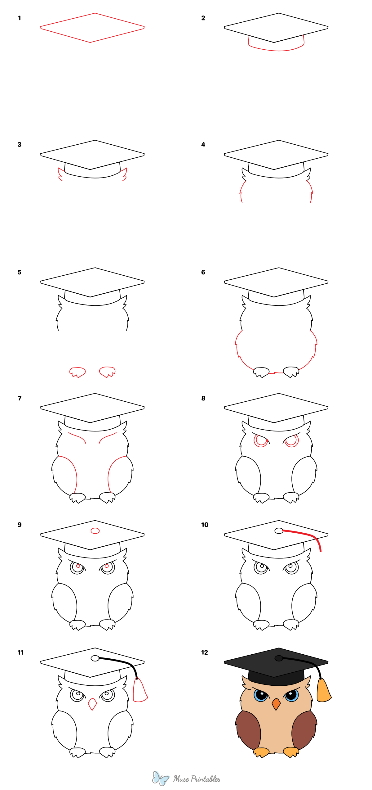 How to Draw an Owl in Graduation Cap - Printable Tutorial
