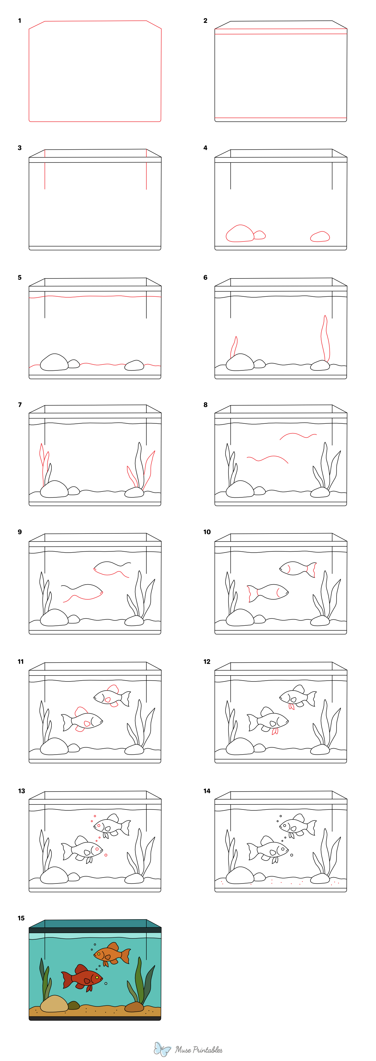 How to Draw  Fish in an Aquarium - Printable Tutorial