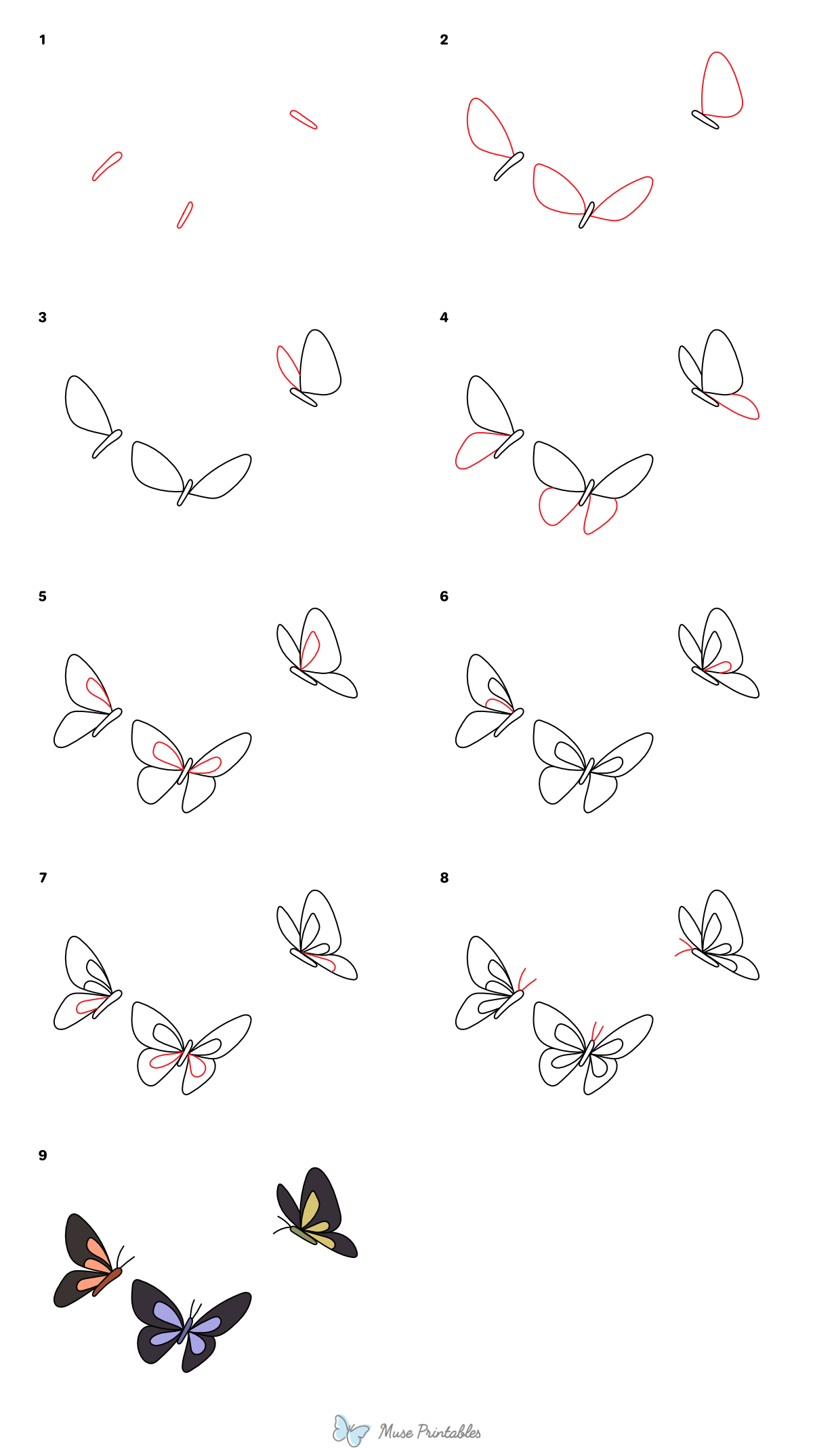 How to Draw  Flying Butterflies - Printable Tutorial