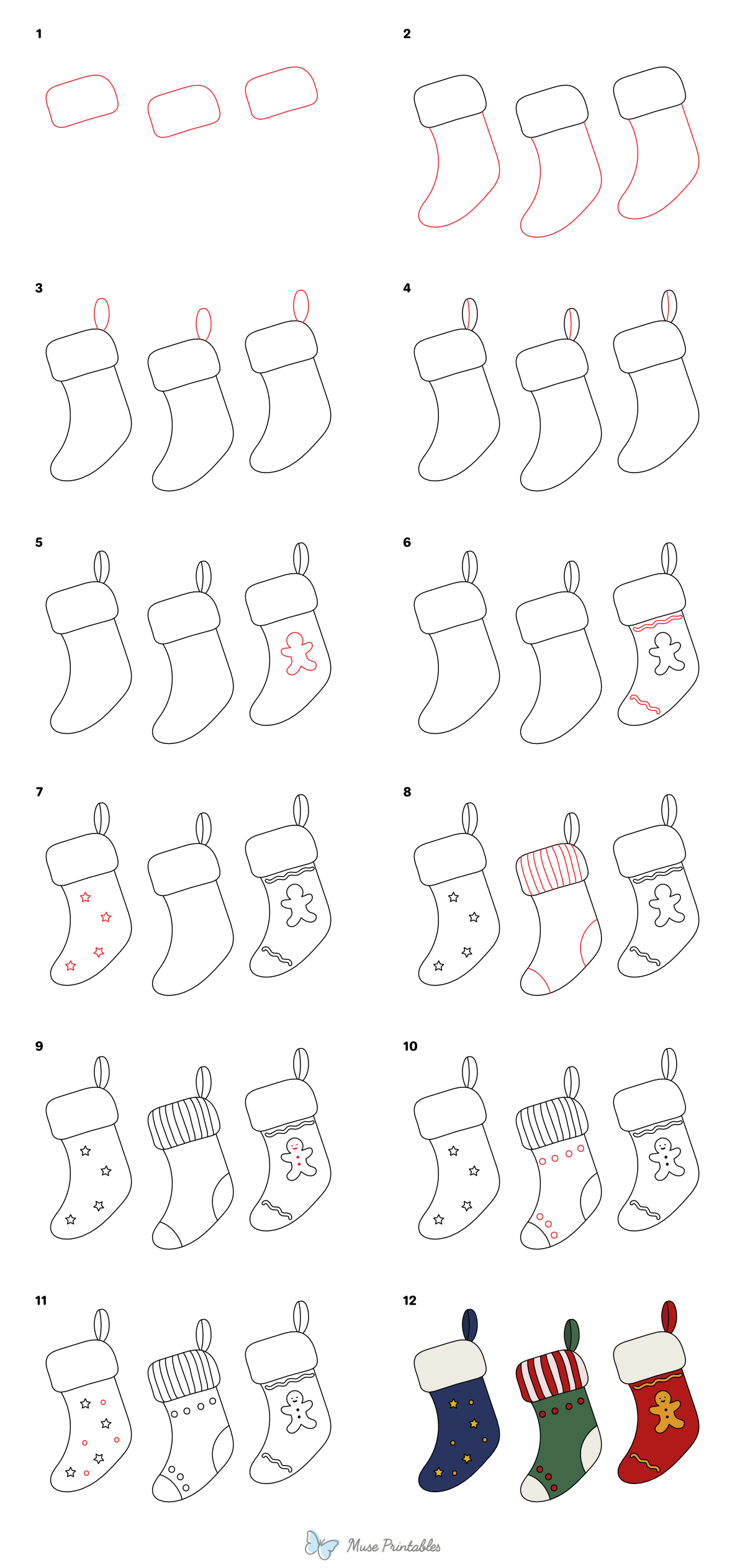 How to Draw  Hanging Christmas Stockings - Printable Tutorial