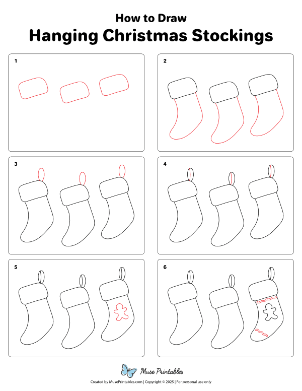 How to Draw  Hanging Christmas Stockings - Printable Tutorial