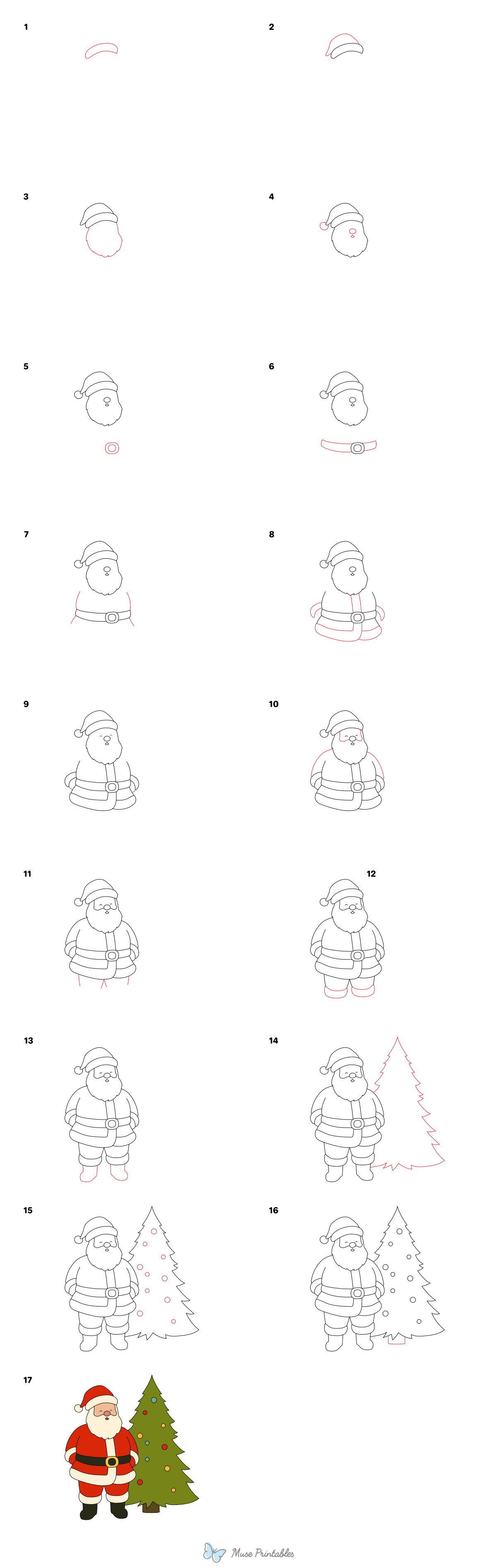 How to Draw  Santa Claus and a Christmas Tree - Printable Tutorial