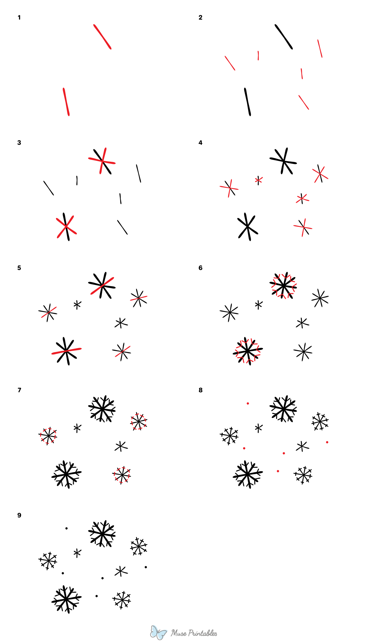 How to Draw  Snowflakes Falling - Printable Tutorial