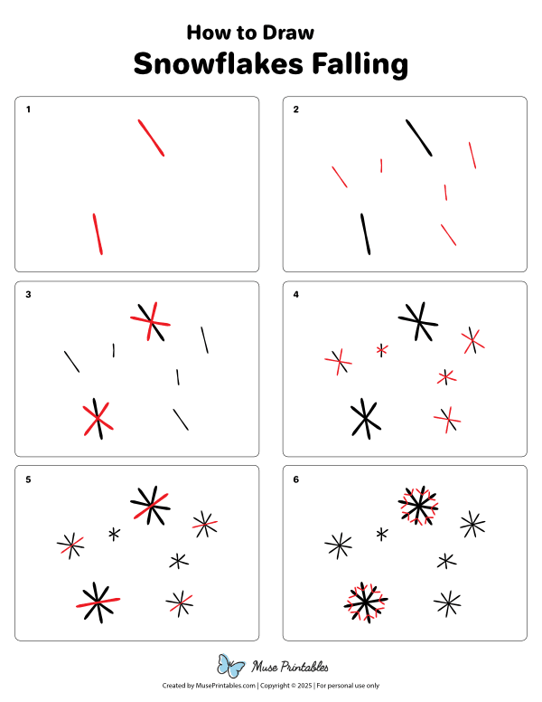 How to Draw  Snowflakes Falling - Printable Tutorial