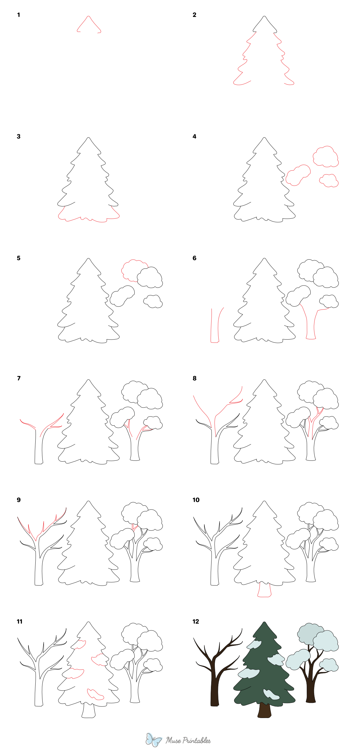 How to Draw  Winter Trees - Printable Tutorial
