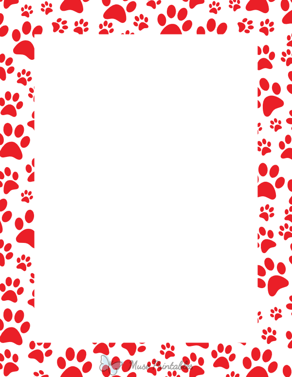 Printable Red On White Random Paw Print Page Border