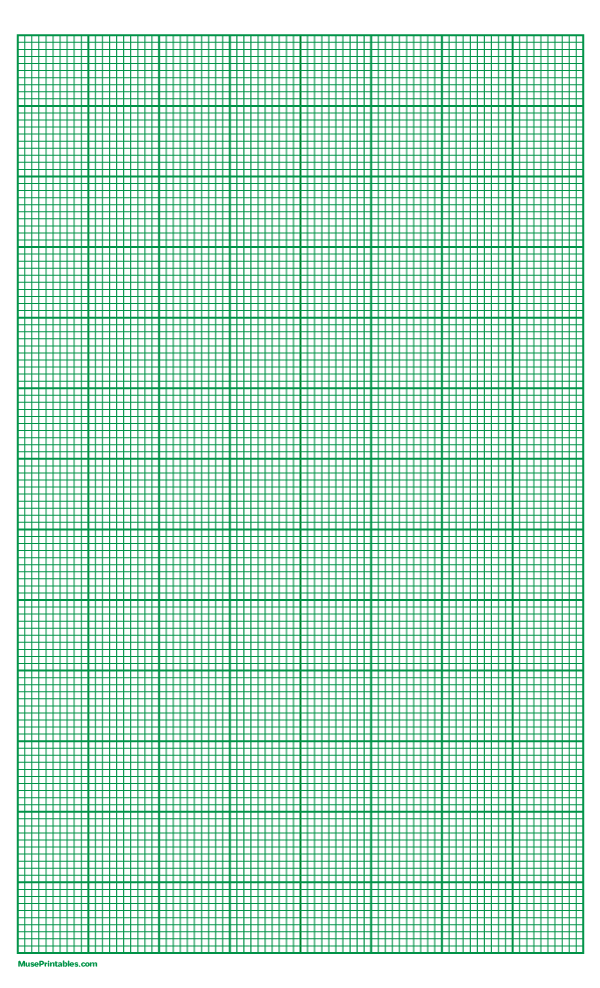 10 Squares Per Inch Green Graph Paper : Legal-sized paper (8.5 x 14)