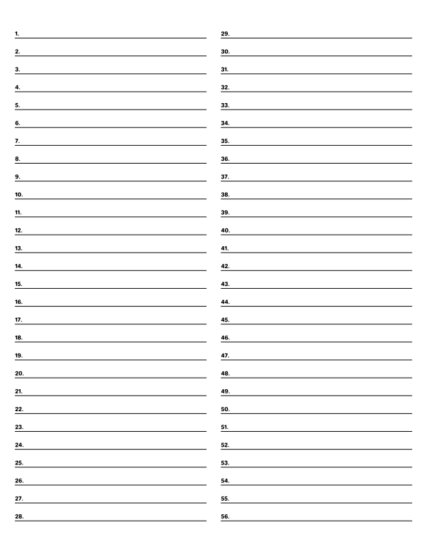 2-Column Numbered Black Lined Paper (Wide Ruled): Letter-sized paper (8.5 x 11)