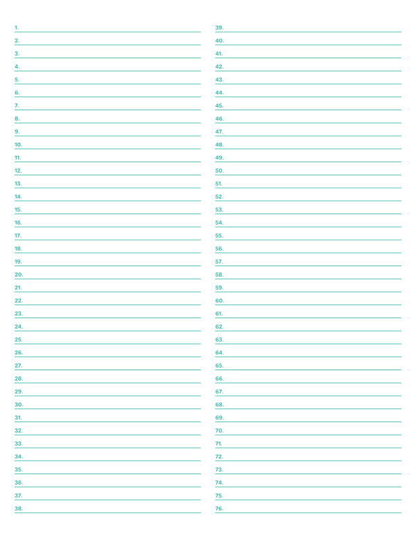 2-Column Numbered Blue-Green Lined Paper (Narrow Ruled): Letter-sized paper (8.5 x 11)