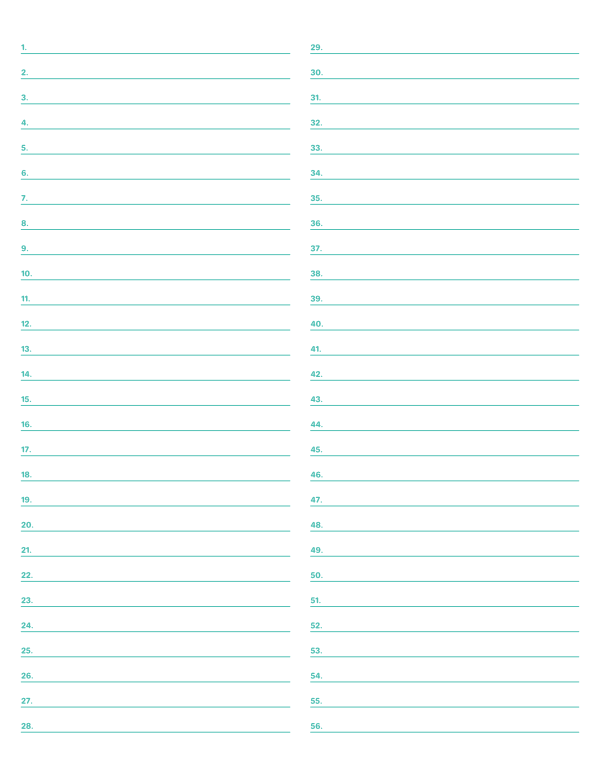 2-Column Numbered Blue-Green Lined Paper (Wide Ruled): Letter-sized paper (8.5 x 11)
