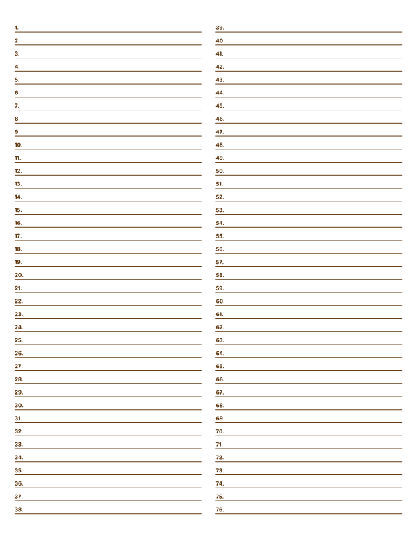 2-Column Numbered Brown Lined Paper (Narrow Ruled): Letter-sized paper (8.5 x 11)