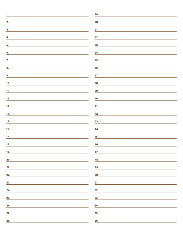 2-Column Numbered Brown Lined Paper (Wide Ruled): Letter-sized paper (8.5 x 11)
