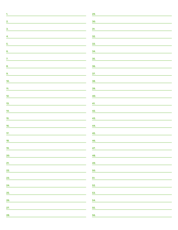 2-Column Numbered Green Lined Paper (Wide Ruled): Letter-sized paper (8.5 x 11)