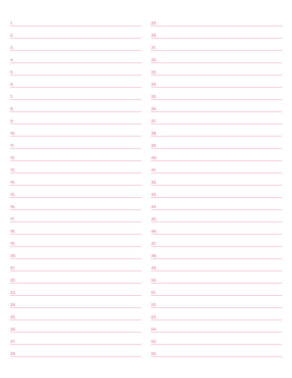 2-Column Numbered Pink Lined Paper (Wide Ruled): Letter-sized paper (8.5 x 11)