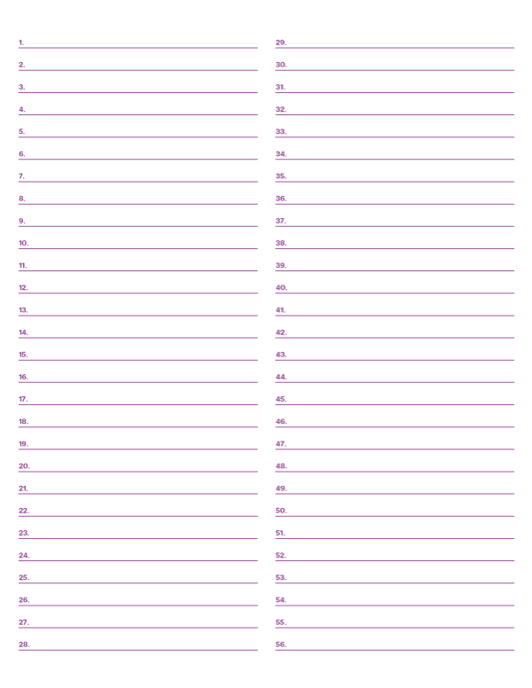 2-Column Numbered Purple Lined Paper (Wide Ruled): Letter-sized paper (8.5 x 11)