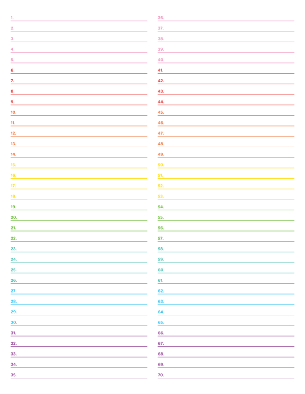 2-Column Numbered Rainbow Lined Paper (College Ruled): Letter-sized paper (8.5 x 11)