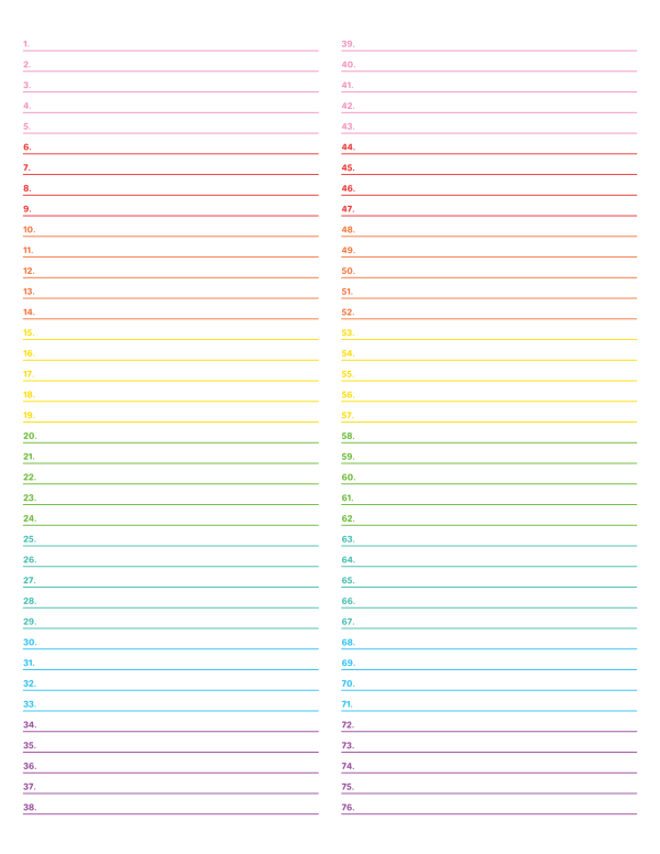 2-Column Numbered Rainbow Lined Paper (Narrow Ruled): Letter-sized paper (8.5 x 11)
