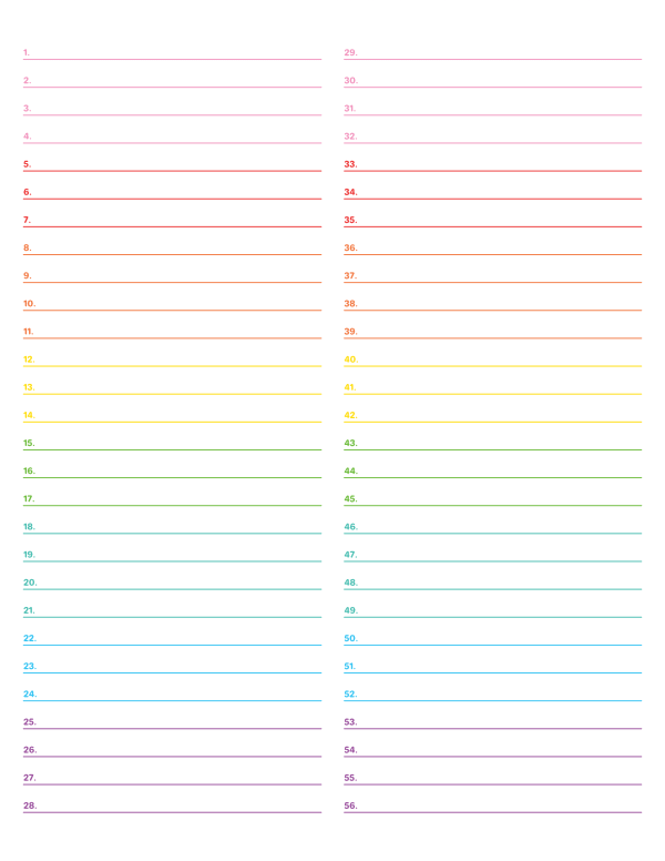 2-Column Numbered Rainbow Lined Paper (Wide Ruled): Letter-sized paper (8.5 x 11)