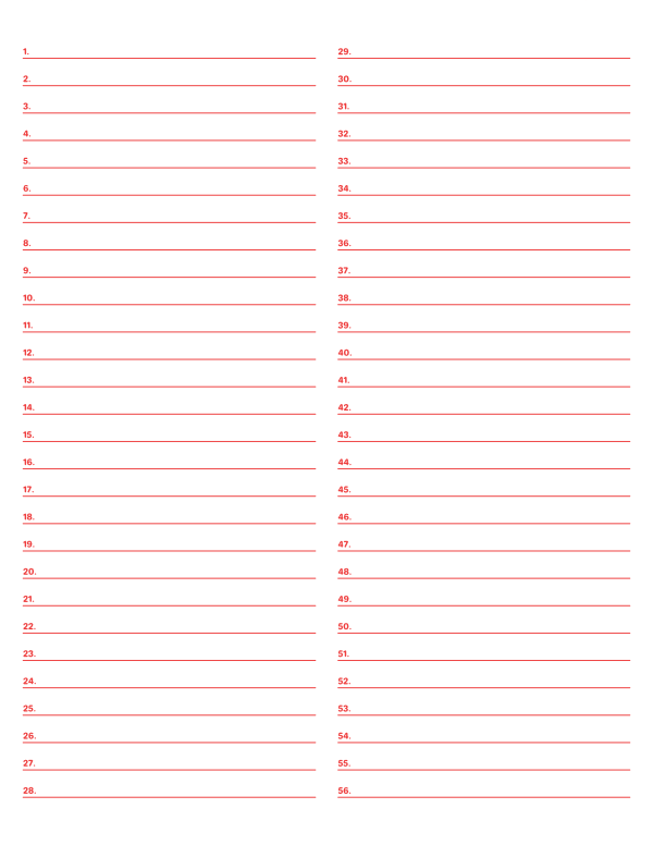2-Column Numbered Red Lined Paper (Wide Ruled): Letter-sized paper (8.5 x 11)