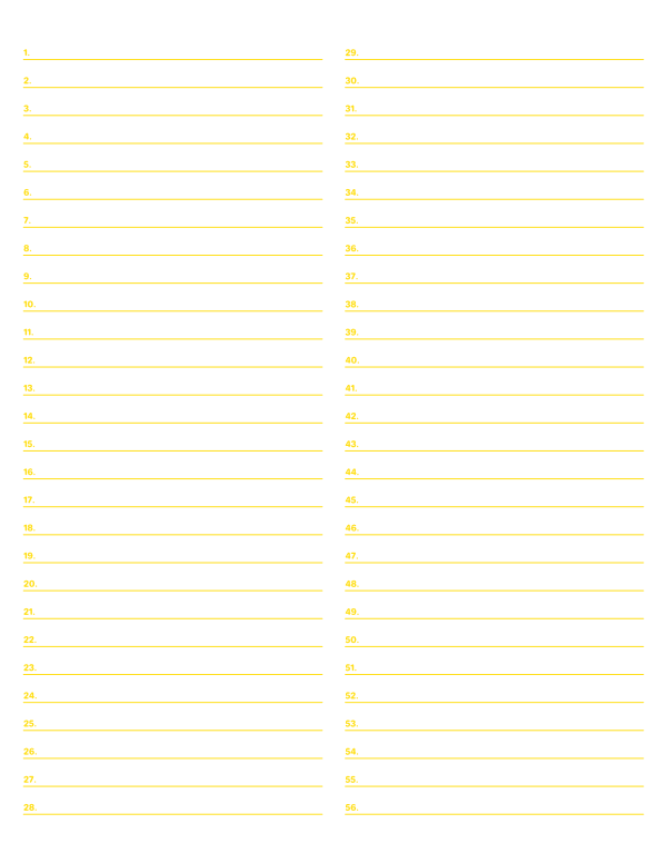 2-Column Numbered Yellow Lined Paper (Wide Ruled): Letter-sized paper (8.5 x 11)