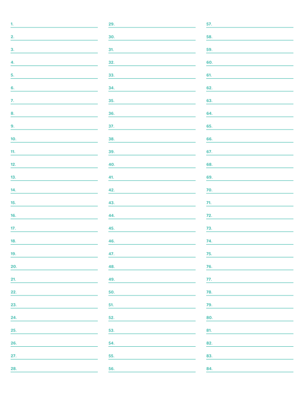 3-Column Numbered Blue-Green Lined Paper (Wide Ruled): Letter-sized paper (8.5 x 11)