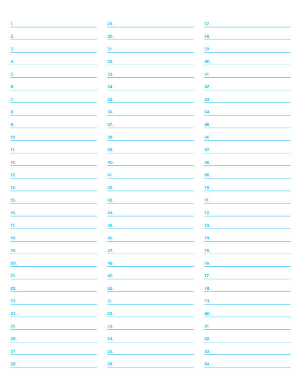 3-Column Numbered Blue Lined Paper (Wide Ruled): Letter-sized paper (8.5 x 11)