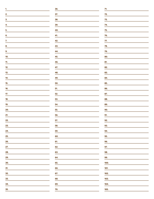 3-Column Numbered Brown Lined Paper (College Ruled): Letter-sized paper (8.5 x 11)