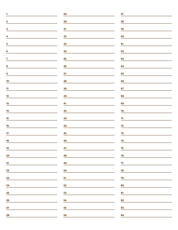 3-Column Numbered Brown Lined Paper (Wide Ruled): Letter-sized paper (8.5 x 11)