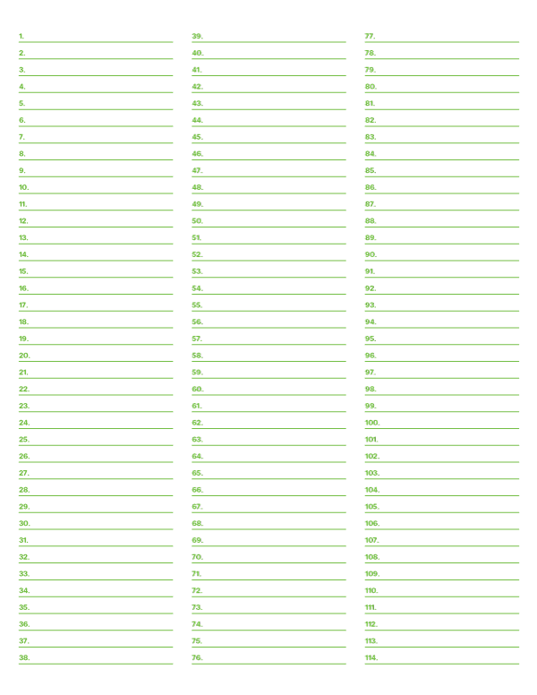 3-Column Numbered Green Lined Paper (Narrow Ruled): Letter-sized paper (8.5 x 11)
