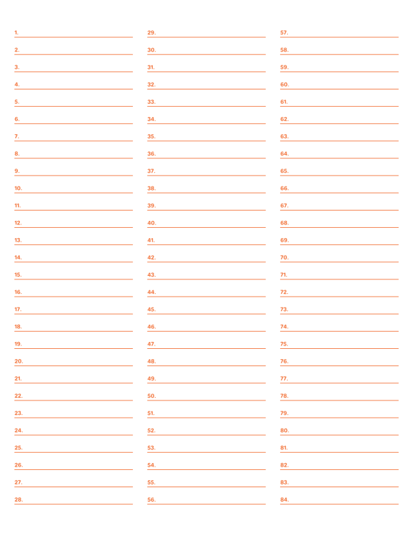 3-Column Numbered Orange Lined Paper (Wide Ruled): Letter-sized paper (8.5 x 11)