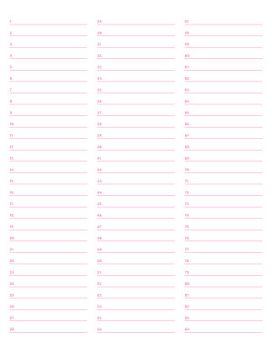 3-Column Numbered Pink Lined Paper (Wide Ruled) - Letter