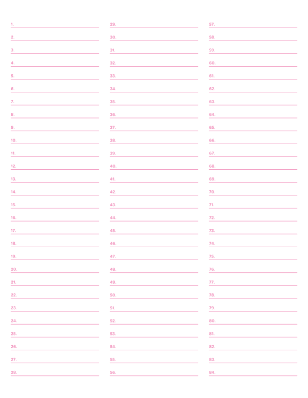 3-Column Numbered Pink Lined Paper (Wide Ruled): Letter-sized paper (8.5 x 11)