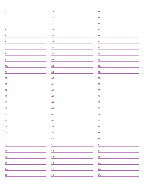 3-Column Numbered Purple Lined Paper (Wide Ruled): Letter-sized paper (8.5 x 11)