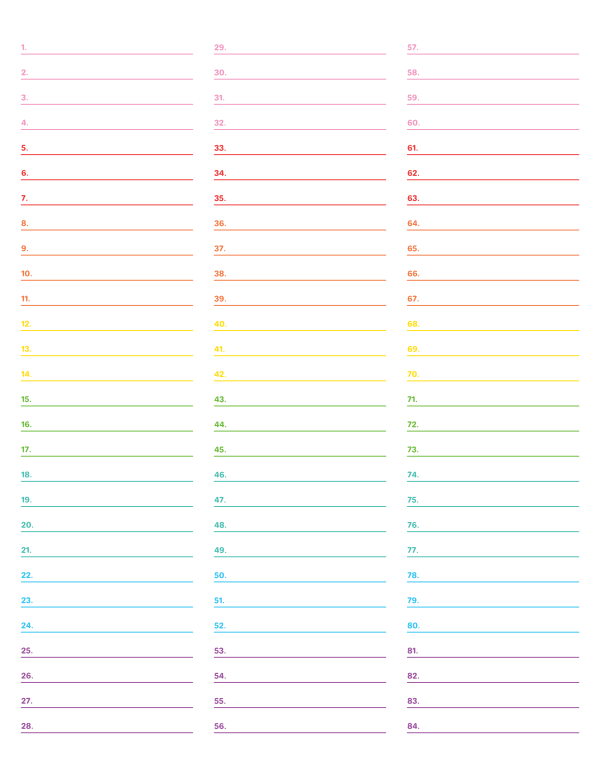 3-Column Numbered Rainbow Lined Paper (Wide Ruled): Letter-sized paper (8.5 x 11)