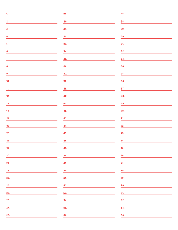 3-Column Numbered Red Lined Paper (Wide Ruled): Letter-sized paper (8.5 x 11)