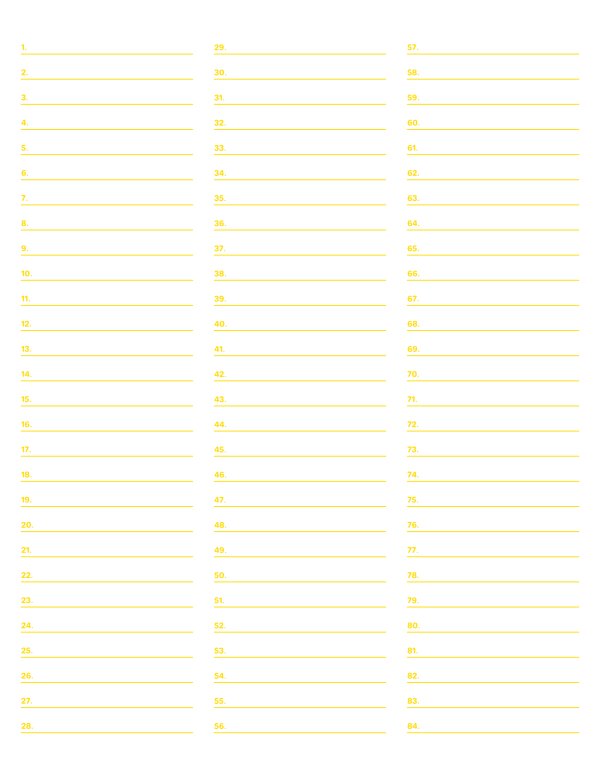 3-Column Numbered Yellow Lined Paper (Wide Ruled): Letter-sized paper (8.5 x 11)