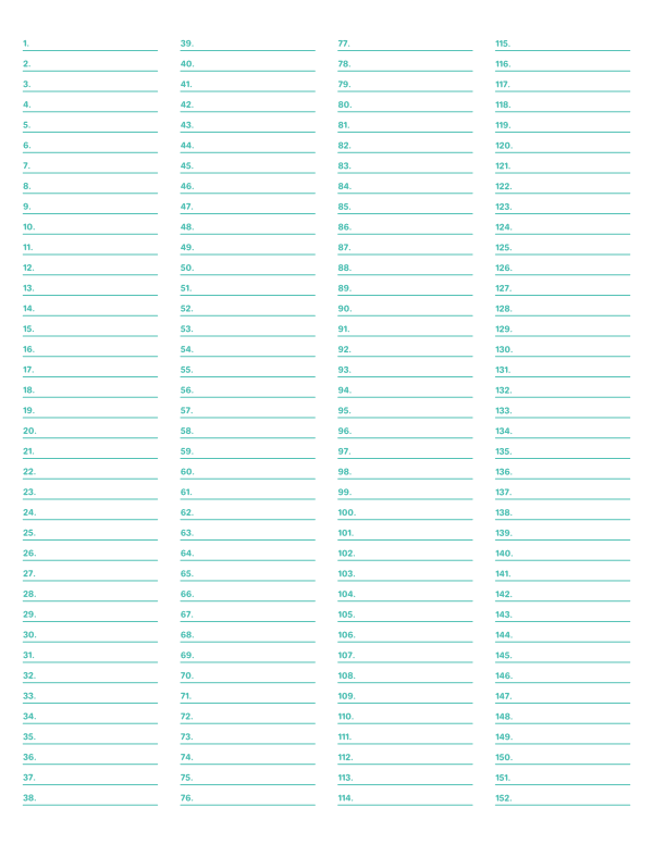4-Column Numbered Blue-Green Lined Paper (Narrow Ruled): Letter-sized paper (8.5 x 11)