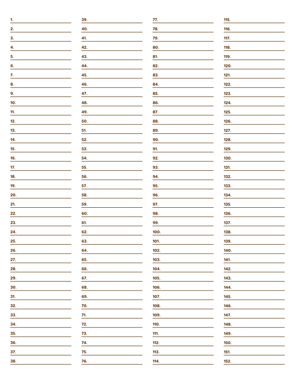 4-Column Numbered Brown Lined Paper (Narrow Ruled): Letter-sized paper (8.5 x 11)