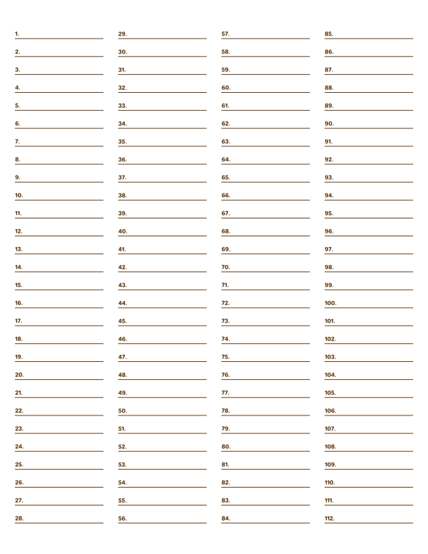4-Column Numbered Brown Lined Paper (Wide Ruled): Letter-sized paper (8.5 x 11)