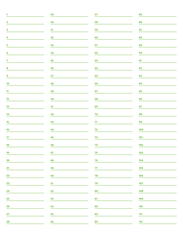 4-Column Numbered Green Lined Paper (Wide Ruled): Letter-sized paper (8.5 x 11)