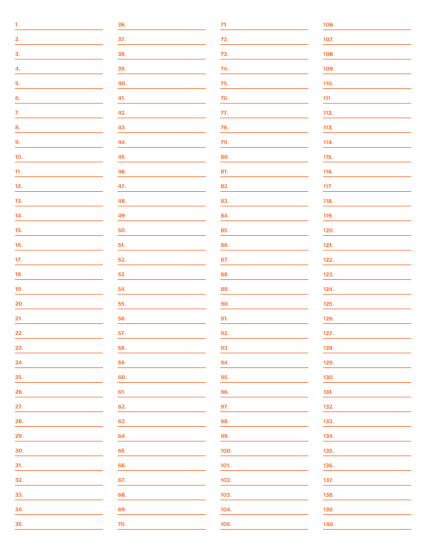 4-Column Numbered Orange Lined Paper (College Ruled): Letter-sized paper (8.5 x 11)