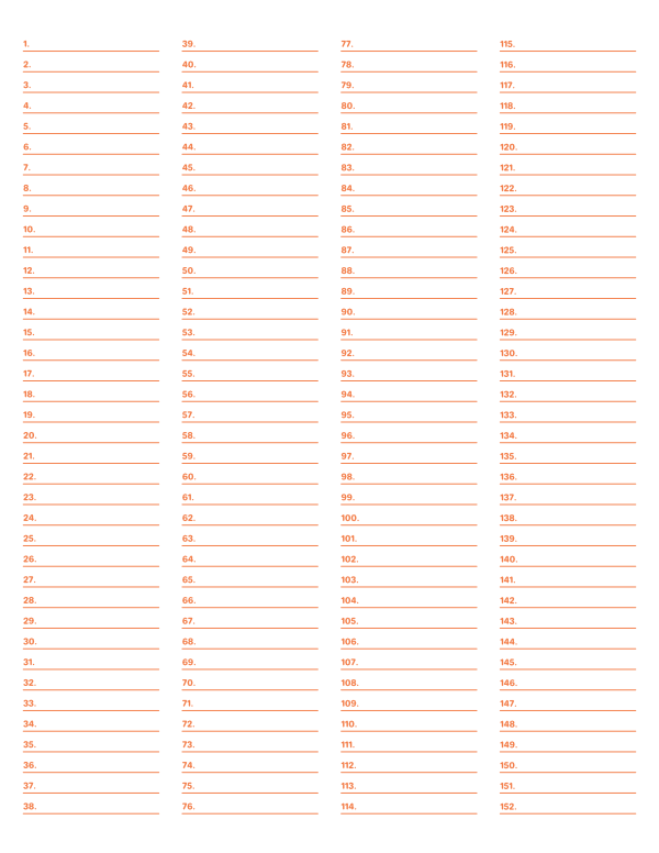 4-Column Numbered Orange Lined Paper (Narrow Ruled): Letter-sized paper (8.5 x 11)