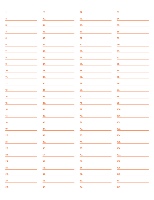 4-Column Numbered Orange Lined Paper (Wide Ruled): Letter-sized paper (8.5 x 11)